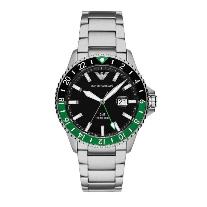 Emporio Armani Sea Explorer GMT Quartz Black Dial Silver Steel Strap Watch For Men - AR11589