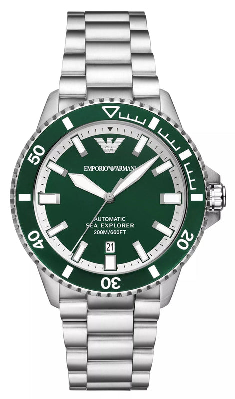 Emporio Armani Sea Explorer Green Dial Silver Steel Strap Watch for Men - AR60080
