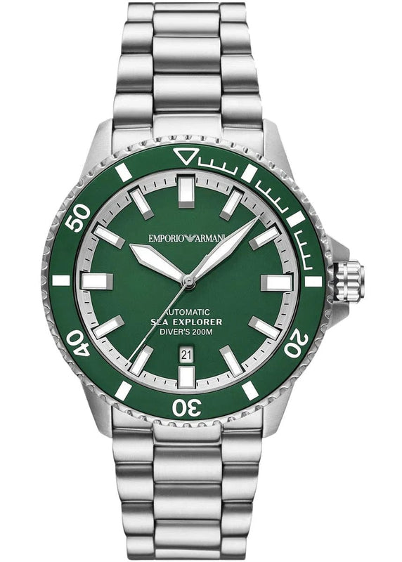 Emporio Armani Sea Explorer Green Dial Silver Steel Strap Watch for Men - AR60088