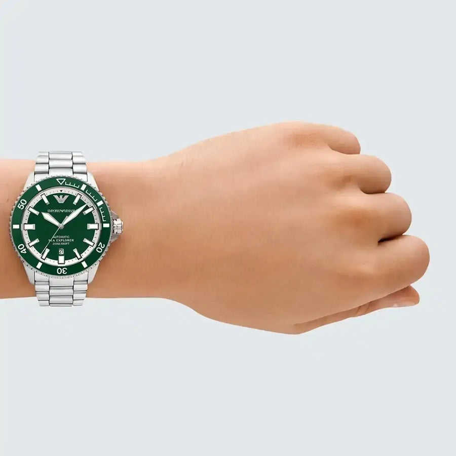Emporio Armani Sea Explorer Green Dial Silver Steel Strap Watch for Men - AR60088