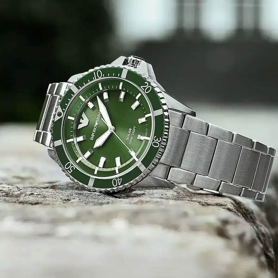 Emporio Armani Sea Explorer Green Dial Silver Steel Strap Watch for Men - AR60088