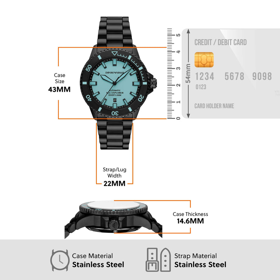 Emporio Armani Sea Explorer Turquoise Blue Dial Black Steel Strap Watch for Men - AR60084
