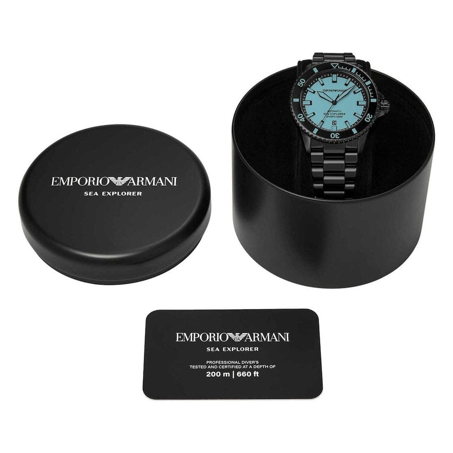 Emporio Armani Sea Explorer Turquoise Blue Dial Black Steel Strap Watch for Men - AR60084