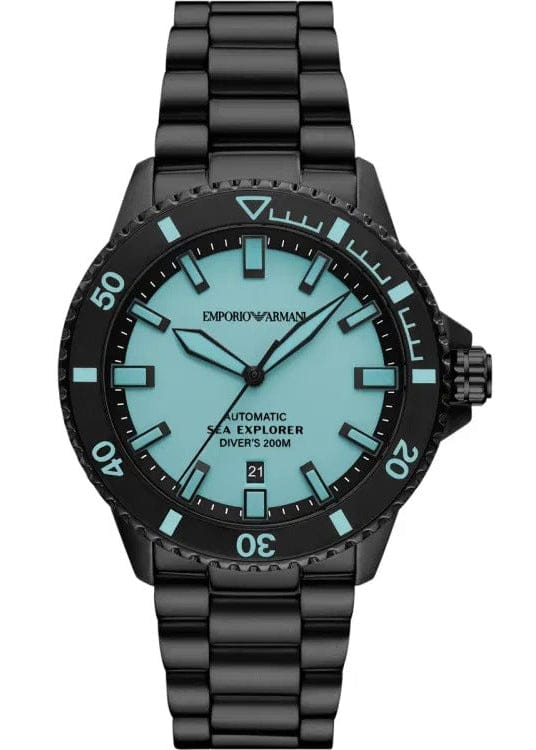 Emporio Armani Sea Explorer Turquoise Blue Dial Black Steel Strap Watch for Men - AR60084