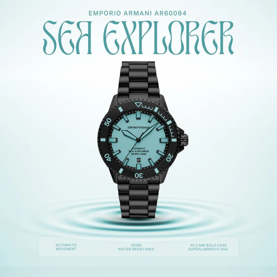 Emporio Armani Sea Explorer Turquoise Blue Dial Black Steel Strap Watch for Men - AR60084