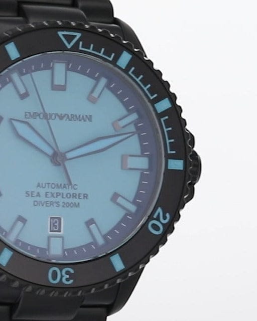 Emporio Armani Sea Explorer Turquoise Blue Dial Black Steel Strap Watch for Men - AR60084