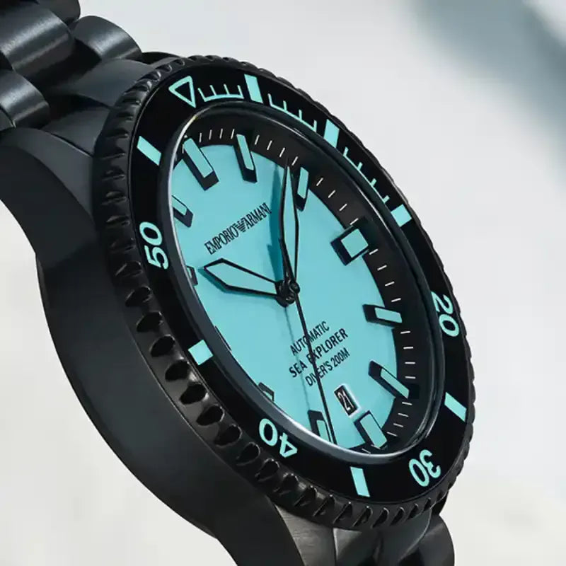 Emporio Armani Sea Explorer Turquoise Blue Dial Black Steel Strap Watch for Men - AR60084