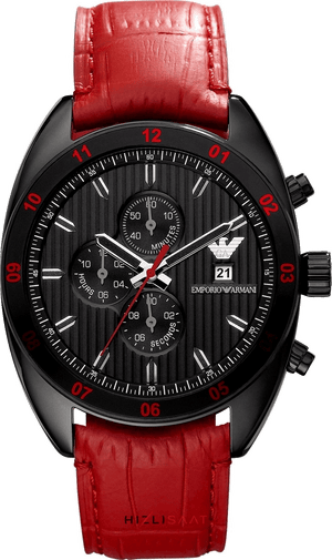 Emporio Armani Sportivo Chronograph Black Dial Red Leather Strap Watch For Men - AR5918