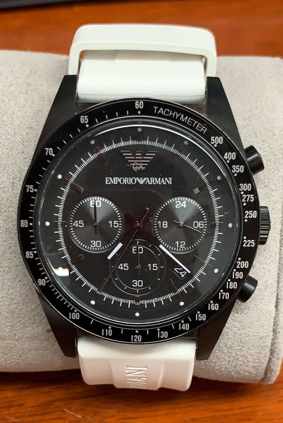 Emporio Armani Sportivo Chronograph Black Dial White Rubber Strap Watch For Men - AR6112