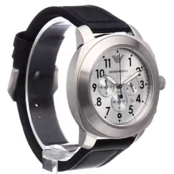 Emporio Armani Sportivo Chronograph Silver Dial Black Leather Strap Watch For Men - AR6054