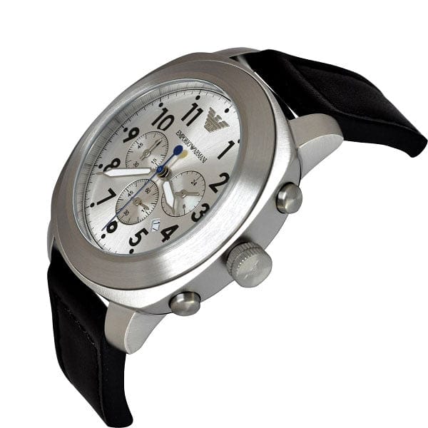 Emporio Armani Sportivo Chronograph Silver Dial Black Leather Strap Watch For Men - AR6054