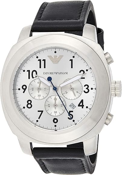 Emporio Armani Sportivo Chronograph Silver Dial Black Leather Strap Watch For Men - AR6054