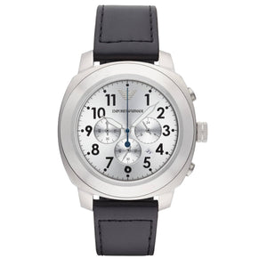 Emporio Armani Sportivo Chronograph Silver Dial Black Leather Strap Watch For Men - AR6054