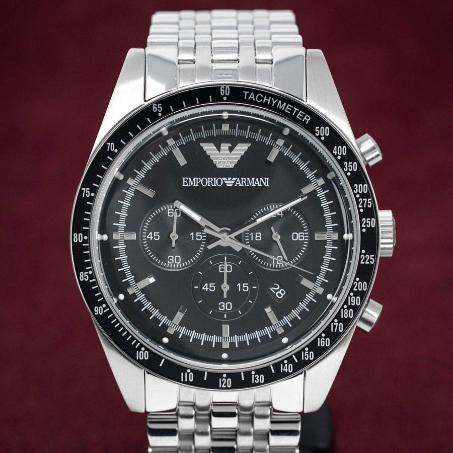 Emporio Armani Tazio Chronograph Black Dial Silver Steel Strap Watch For Men - AR5988