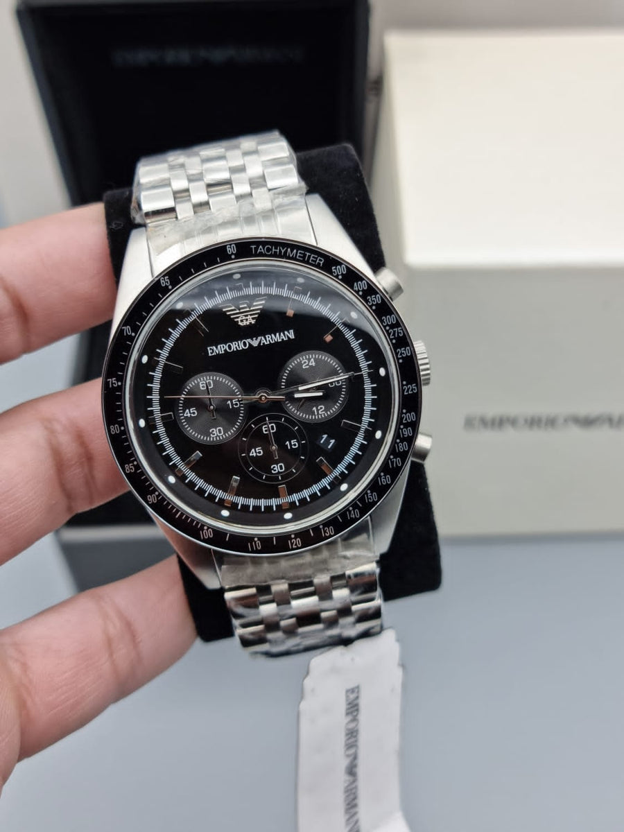 Emporio Armani Tazio Chronograph Black Dial Silver Steel Strap Watch For Men - AR5988