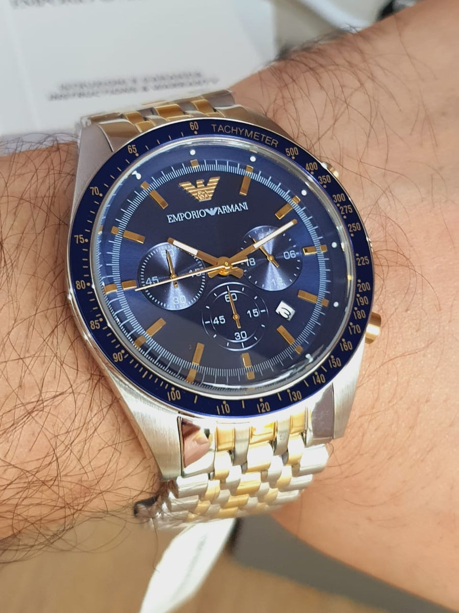 Emporio Armani Tazio Chronograph Blue Dial Two Tone Stainless Steel Watch For Men - AR6088