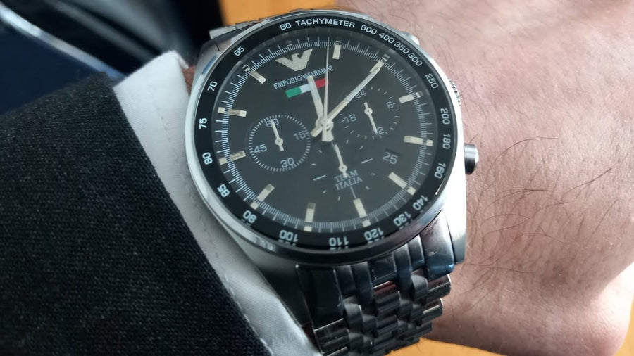 Emporio Armani Team Italia Chronograph Black Dial Silver Steel Strap Watch For Men - AR5983