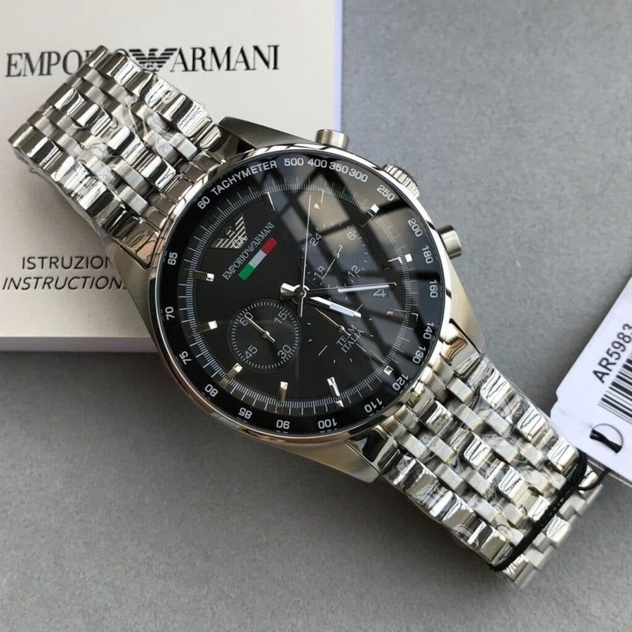 Emporio Armani Team Italia Chronograph Black Dial Silver Steel Strap Watch For Men - AR5983