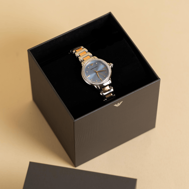 Emporio Armani Three Hand Blue Dial Two Tone Steel Strap Watch for Women - AR11597