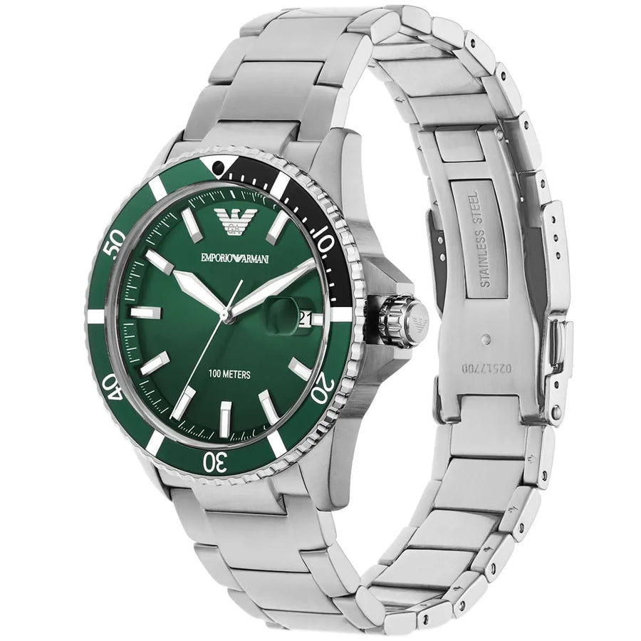 Emporio Armani Three Hand Green Dial Silver Steel Strap Watch For Men - AR11338