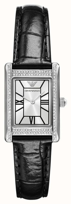 Emporio Armani Two Hand Crystals Silver Dial Black Leather Strap Watch for Women - AR11623