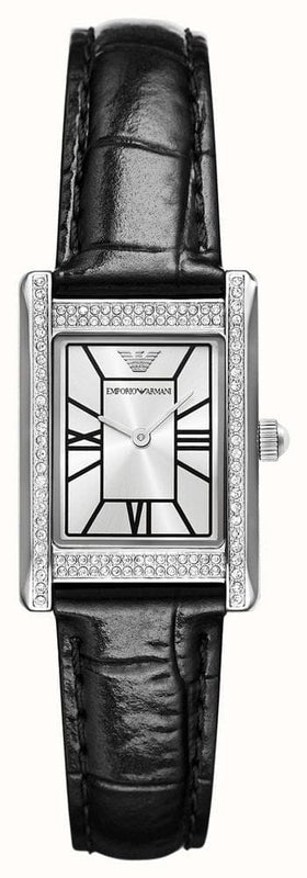 Emporio Armani Two Hand Crystals Silver Dial Black Leather Strap Watch for Women - AR11623