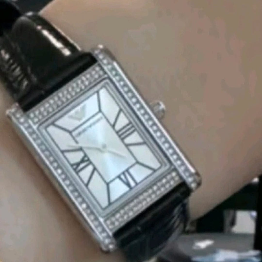 Emporio Armani Two Hand Crystals Silver Dial Black Leather Strap Watch for Women - AR11623