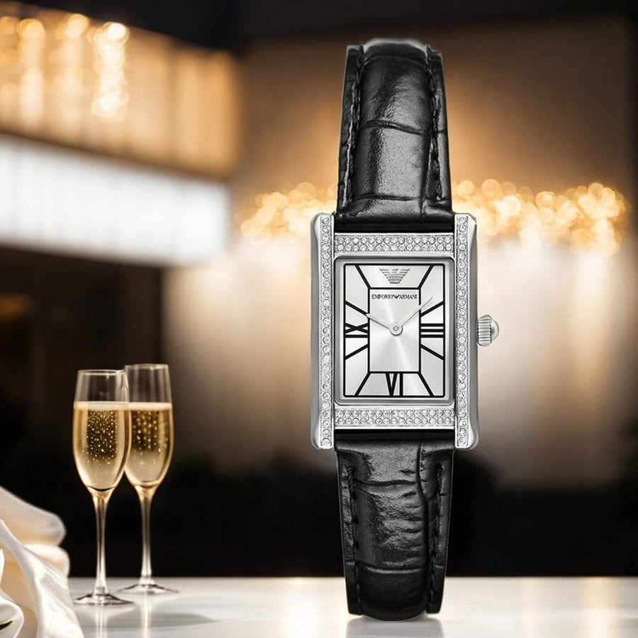 Emporio Armani Two Hand Crystals Silver Dial Black Leather Strap Watch for Women - AR11623