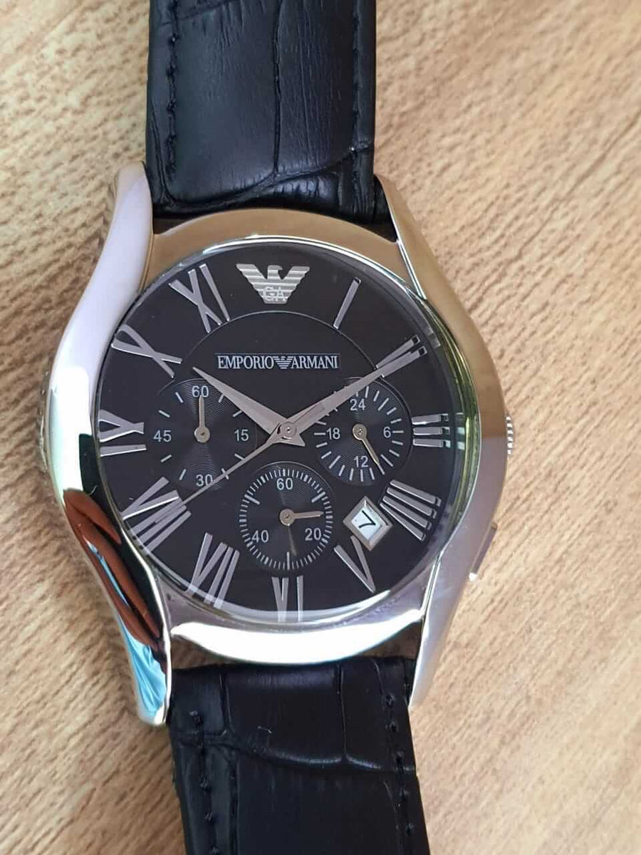 Emporio Armani Valente Chronograph Black Dial Black Leather Strap Watch For Men - AR1633