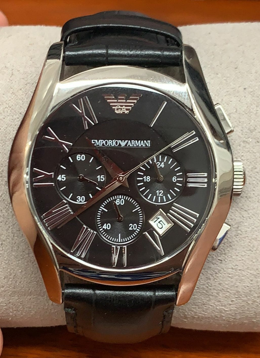 Emporio Armani Valente Chronograph Black Dial Black Leather Strap Watch For Men - AR1633