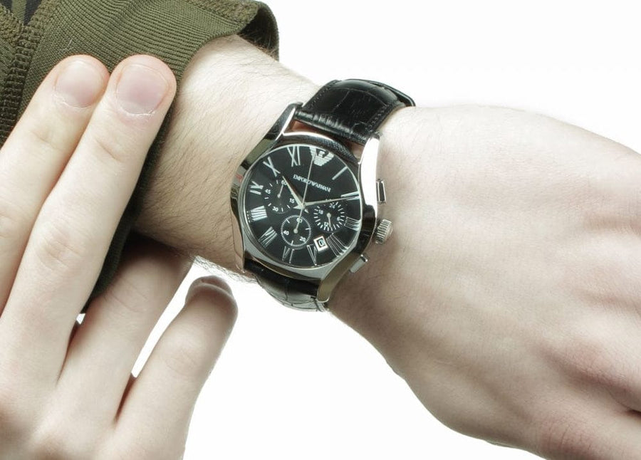 Emporio Armani Valente Chronograph Black Dial Black Leather Strap Watch For Men - AR1633