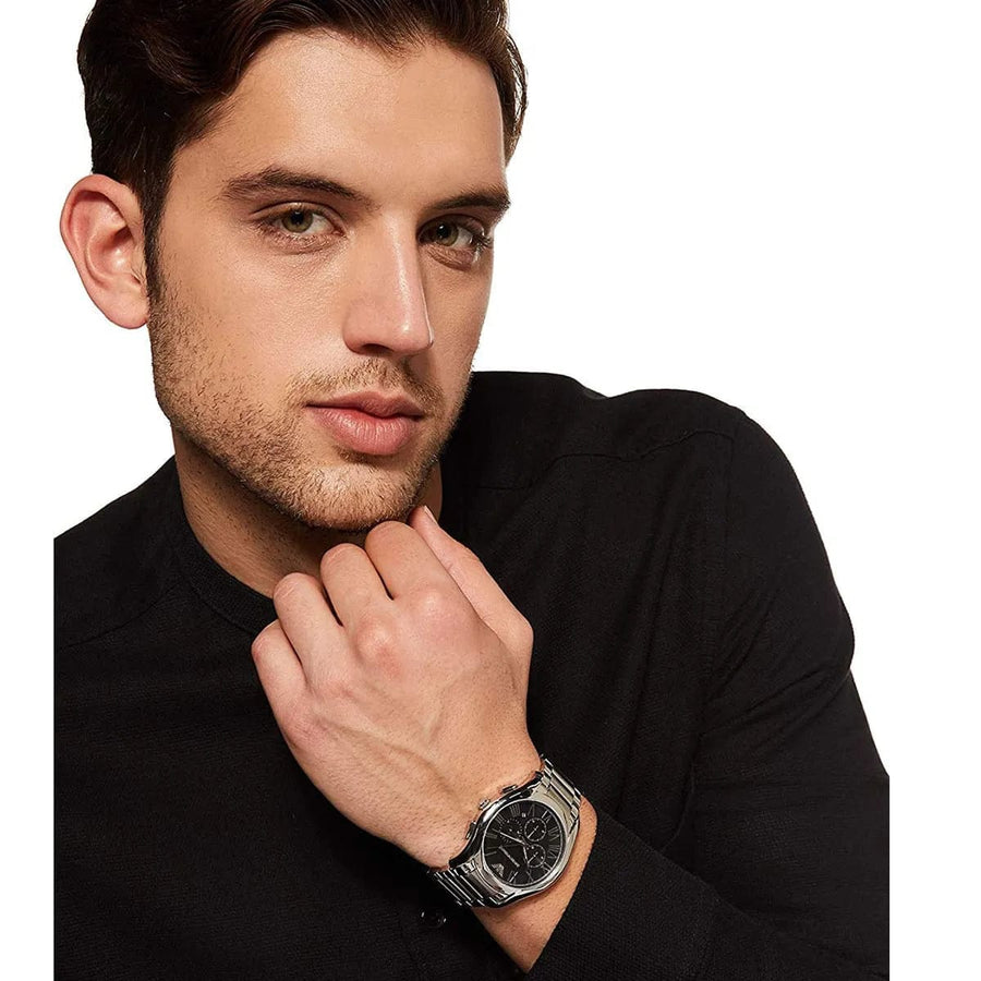 Emporio Armani Valente Chronograph Quartz Black Dial Silver Steel Strap Watch For Men - AR11083