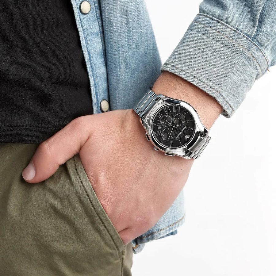 Emporio Armani Valente Chronograph Quartz Black Dial Silver Steel Strap Watch For Men - AR11083