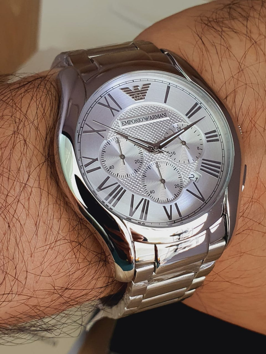 Emporio Armani Valente Chronograph Silver Dial Silver Steel Strap Watch For Men - AR11081