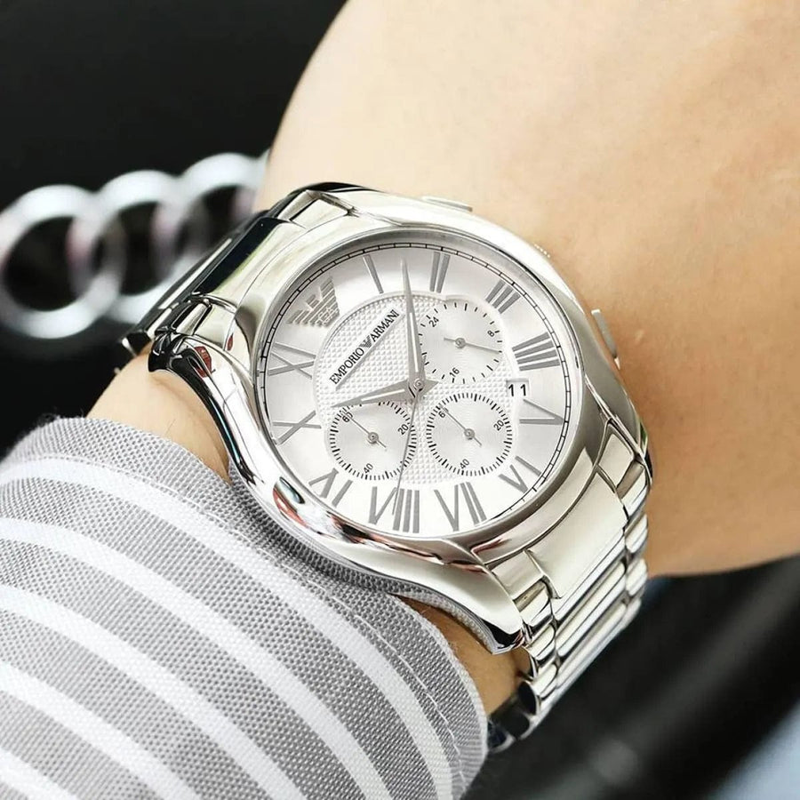 Emporio Armani Valente Chronograph Silver Dial Silver Steel Strap Watch For Men - AR11081