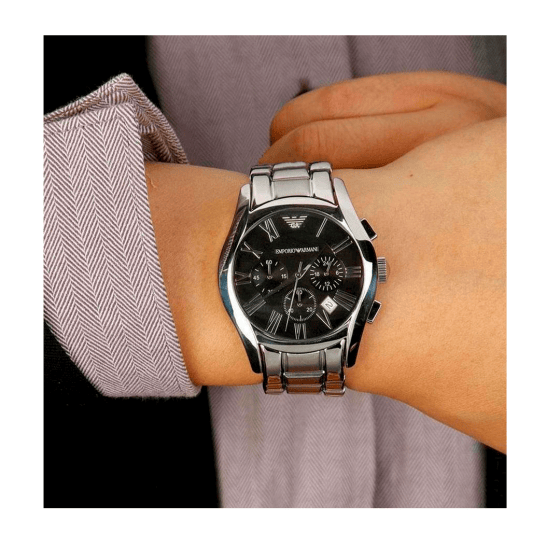 Emporio Armani Velente Chronograph Black Dial Silver Steel Strap Watch For Women - AR0674
