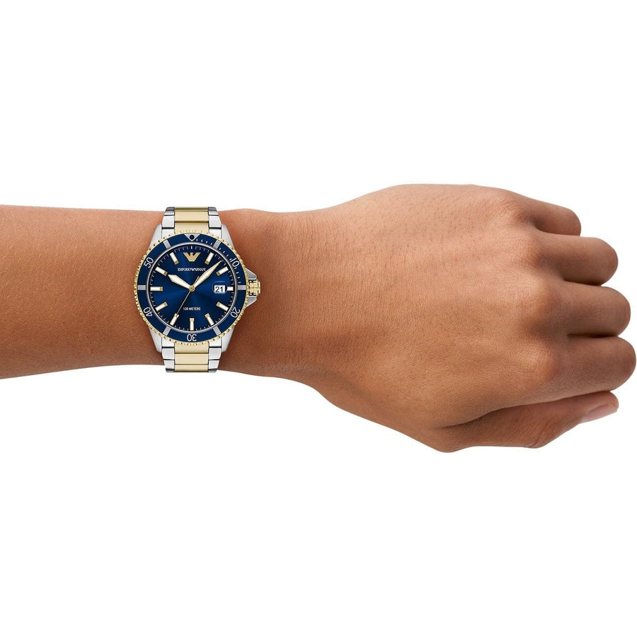 Emporio Armani World Explorer Blue Dial Two Tone Steel Strap Watch for Men - AR11682