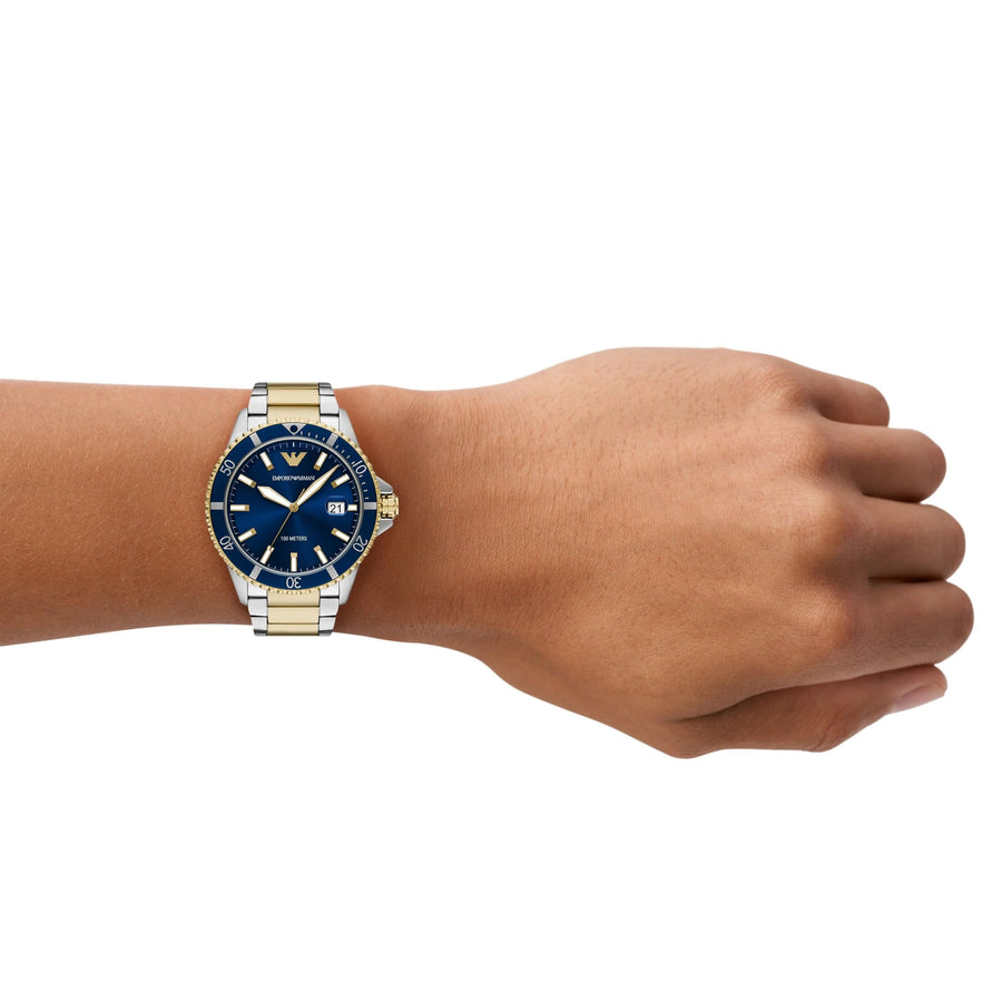 Emporio Armani World Explorer Blue Dial Two Tone Steel Strap Watch for Men - AR11682