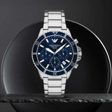 Emporio Armani World Explorer Chronograph Blue Dial Silver Steel Strap Watch for Men - AR11681