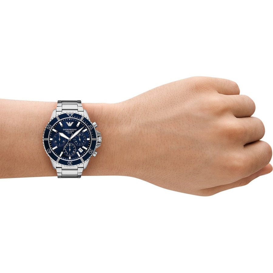Emporio Armani World Explorer Chronograph Blue Dial Silver Steel Strap Watch for Men - AR11681