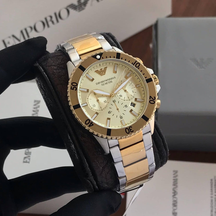 Emporio Armani World Explorer Chronograph Cream Dial Two Tone Steel Strap Watch for Men - AR11606