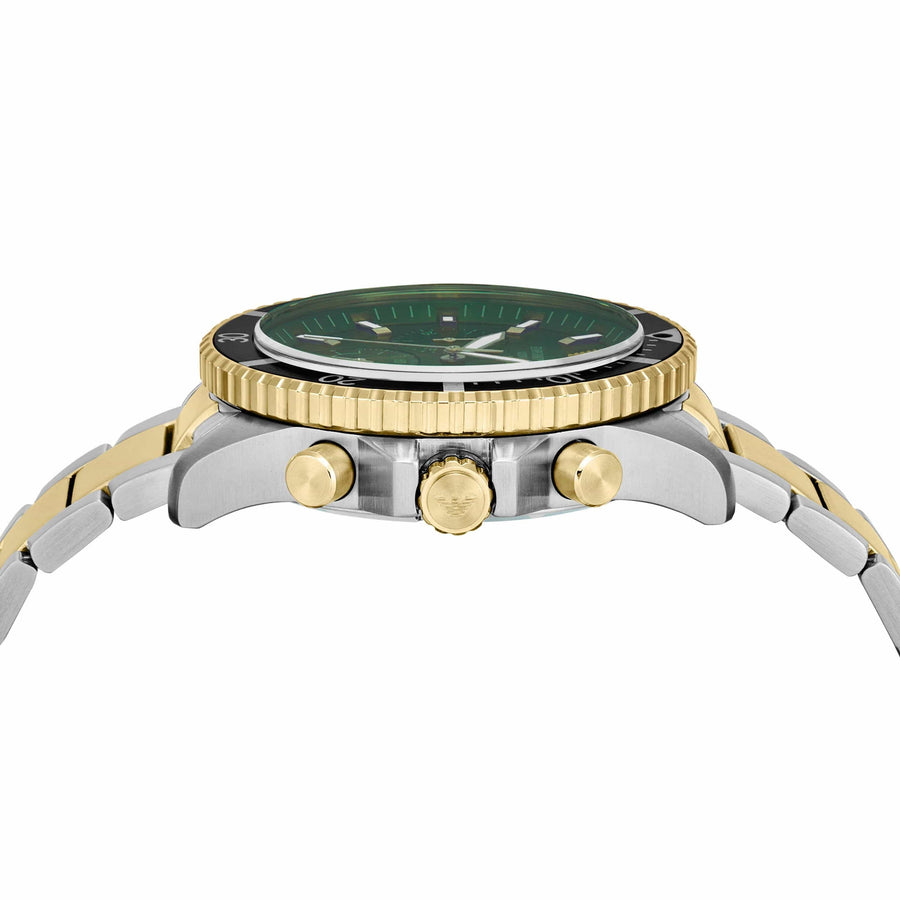 Emporio Armani World Explorer Chronograph Green Dial Two Tone Steel Strap Watch for Men - AR11695