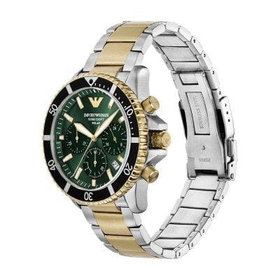 Emporio Armani World Explorer Chronograph Green Dial Two Tone Steel Strap Watch for Men - AR11695