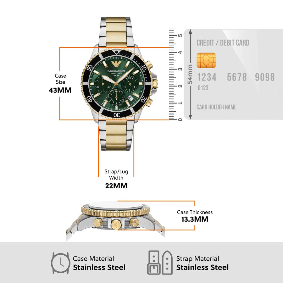 Emporio Armani World Explorer Chronograph Green Dial Two Tone Steel Strap Watch for Men - AR11695