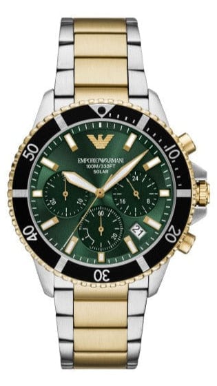 Emporio Armani World Explorer Chronograph Green Dial Two Tone Steel Strap Watch for Men - AR11695