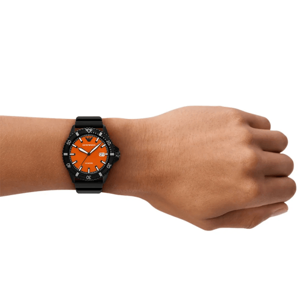 Emporio Armani World Explorer Orange Dial Black Silicone Strap Watch for Men - AR11684