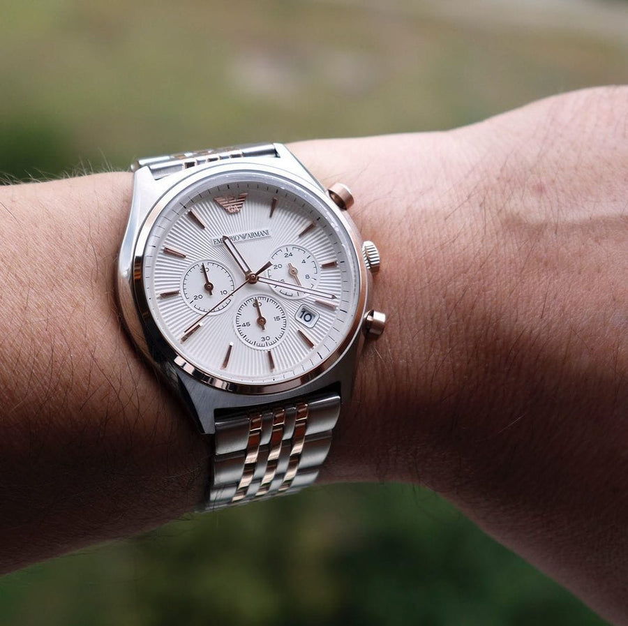 Emporio Armani Zeta Chronograph Quartz White Dial Two Tone Steel Strap Watch For Men - AR1998