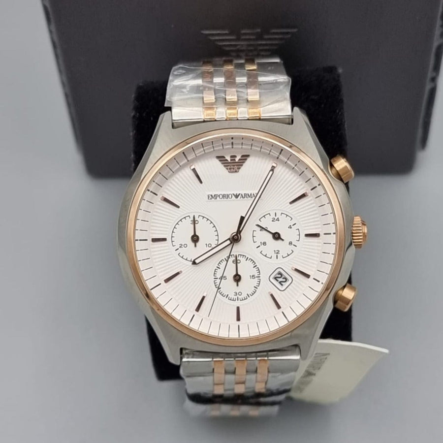 Emporio Armani Zeta Chronograph Quartz White Dial Two Tone Steel Strap Watch For Men - AR1998