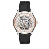 Emporio Armani Zeta Skeleton Automatic Silver Dial Black Leather Strap Watch For Men - AR60018