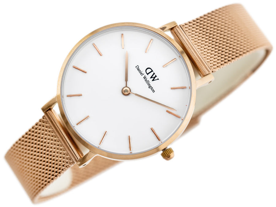 Daniel Wellington Classic Petite Melrose White Dial Rose Gold Mesh Bracelet Watch For Women - DW00100163